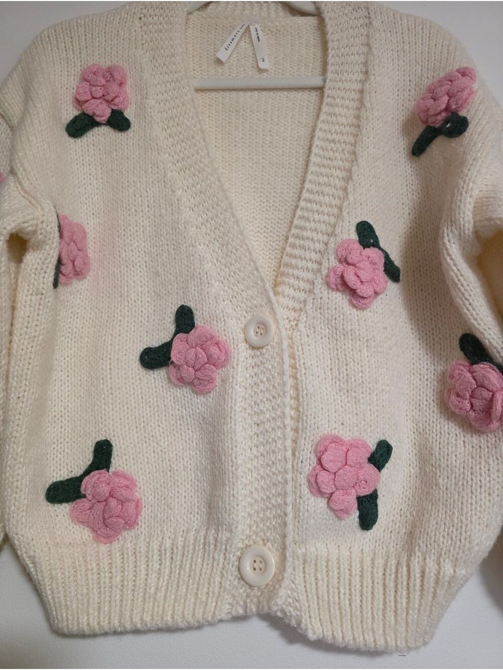 Dreamers by Debut 3D Floral Chunky Knit Cardigan Sweater Cream Pink Size XSmall - Picture 5 of 12